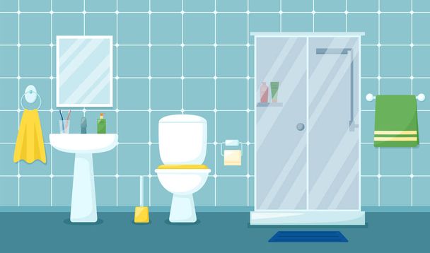 Moderní koupelna interiér se sprchovým koutem, umyvadlem, zrcadlem a WC, vektorová ilustrace - Vektor, obrázek