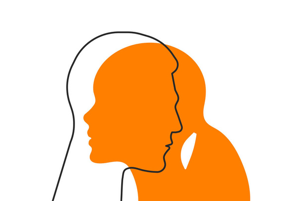 Gesichter von Mann und Frau, Mädchen und Mann. Zwei Profile zusammen. Beziehungen, Familiensymbole. Vektorpsychologie veranschaulicht Familientherapie - Vektor, Bild
