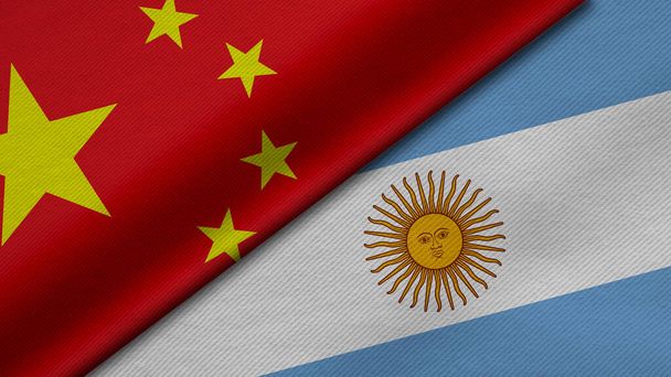 3D vykreslování dvou vlajek z Číny a Argentiny republiky spolu s texturou tkaniny, bilaterálními vztahy, mírem a konfliktem mezi zeměmi, skvělé pro pozadí - Fotografie, Obrázek
