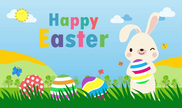 Happy Easter day poster. Little Rabbit Bunny cartoon flat design with greeting card. Easter egg festival background banner template isolated vector illustration - Vektör, Görsel
