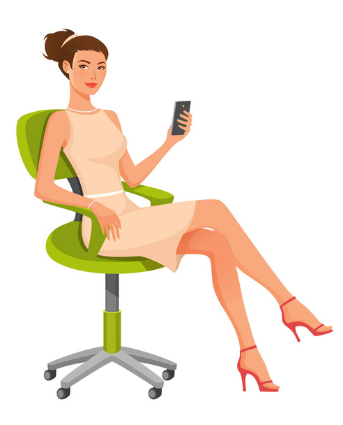 giovane bella donna seduta su una sedia da ufficio, una donna d'affari o segretaria - Vettoriali, immagini