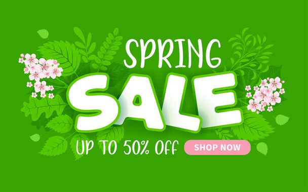 Advertising banner about seasonal spring sale. Expressive lettering, bright spring fresh leaves, blooming flowers and button for shop now on green background. Cartoon style. Vector illustration. - Vektor, Bild