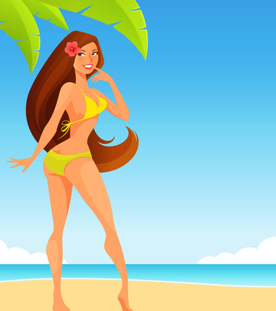beautiful young girl in bikini on a tropical beach. Sexy woman posing in colorful swimwear, smiling. Cartoon character. Exotic travel destination concept. - Vecteur, image