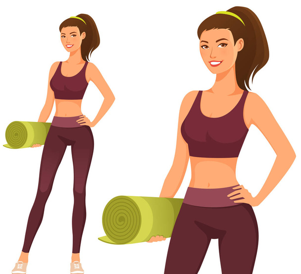 happy young girl in gym outfit, holding a yoga mat. Beautiful smiling woman in sport fashion. Healthy lifestyle and fitness concept. - Vector, Image