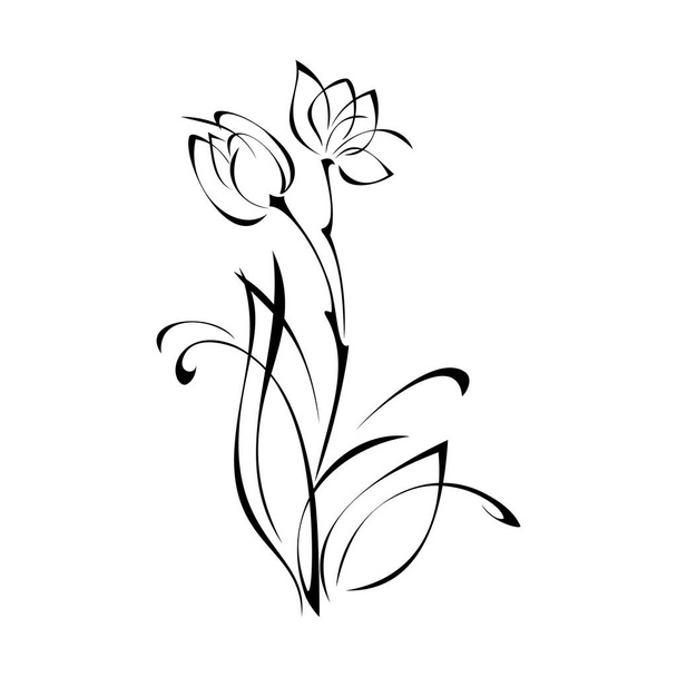 stylized twig with leaves and flowers in black lines on a white background - Вектор,изображение