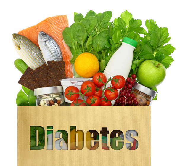 Paper bag with the word diabetes filled with healthy foods - Photo, Image