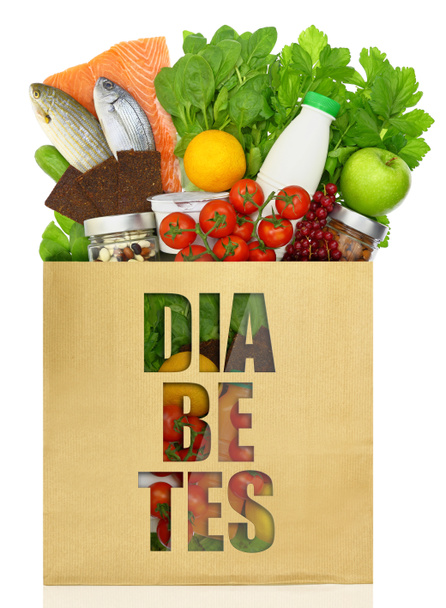 Паперовий мішок зі словом "діабет", наповнений здоровою їжею
 - Фото, зображення