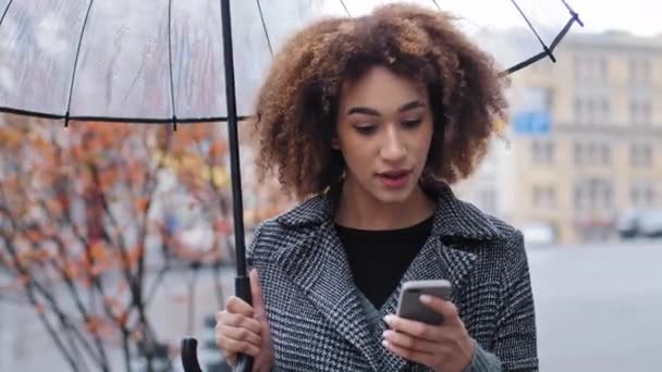 African american girl curly woman with transparent umbrella in autumn outdoors in rain wins with phone receives message with good news online betting offer mobile game happiness joy of winning victory - Footage, Video