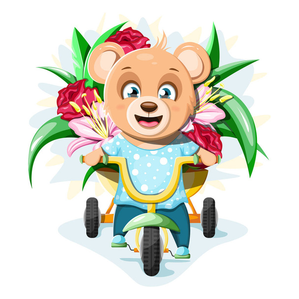 Egy aranyos és vidám Teddy Bear triciklin lovagol egy nagy csokor virággal. - Vektor, kép