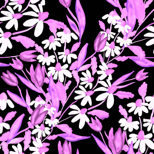 Υδατογραφία απρόσκοπτη μοτίβο με άνοιξη λουλούδια ανθοδέσμες. Vintage βοτανική απεικόνιση. Κομψή διακόσμηση για κάθε είδους σχέδιο. Μόδα εκτύπωση με πολύχρωμα αφηρημένα λουλούδια. Υδατογραφία. - Φωτογραφία, εικόνα
