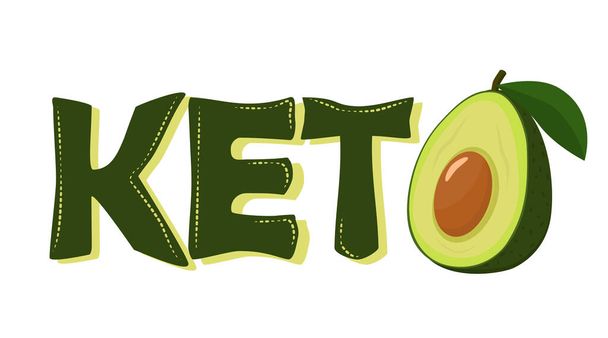 ilustración vectorial sobre el tema de la dieta Keto. La palabra Keto con aguacate en lugar de la letra O al final. El concepto de comida saludable, dieta cetogénica baja en carbohidratos. - Vector, Imagen