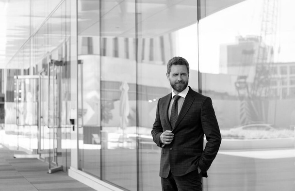 mature bearded man businessman in businesslike formal suit outside the office, business - Foto, imagen