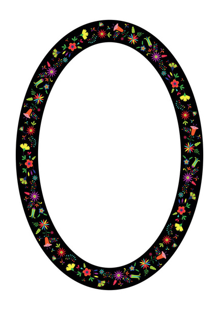 Cadre ovale décoratif avec motif floral. Style de broderie traditionnelle mexicaine Otomi Tenango. Bordure décorative en porcelaine. - Vecteur, image