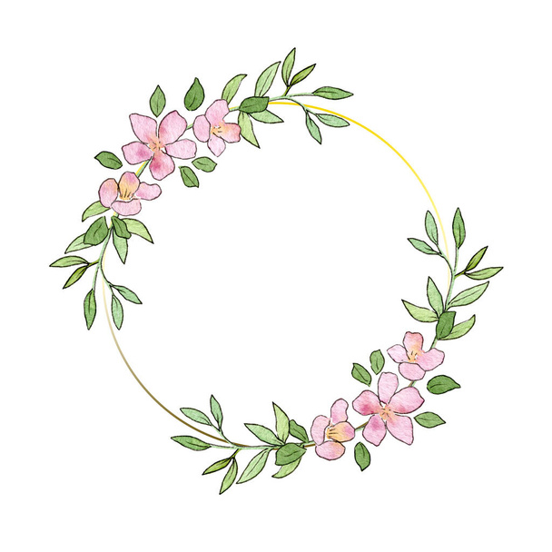 Aquarelle cadre rond floral, carte postale. Carte d'invitation avec des fleurs de cerisier et une branche d'arbre. Modèle vide. - Photo, image