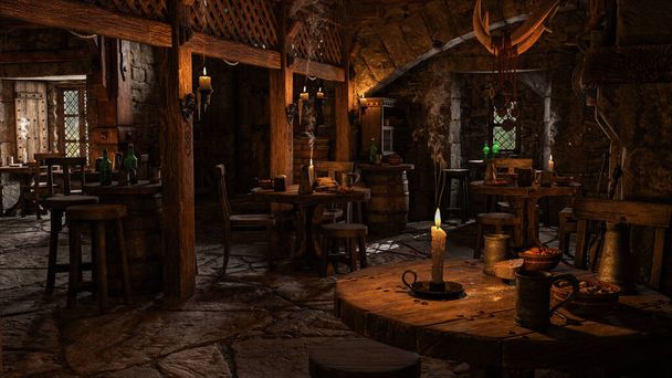 Średniowieczna jadalnia karczma oświetlona świecami i światłem dziennym przez okna z jedzeniem i piciem na stołach. 3D ilustracja. - Zdjęcie, obraz