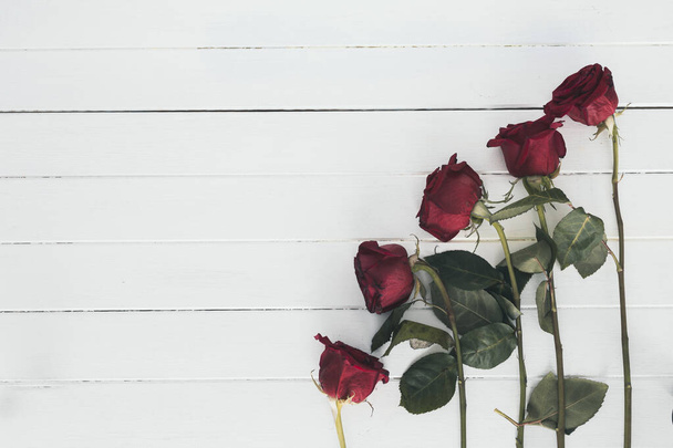 червоні троянди на білому дерев'яному фоні
 - Фото, зображення