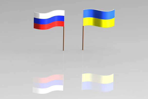 flagi Ukrainy i Rosji stoją obok siebie na szarym tle. Odbicie flag na powierzchni. Poziomy obraz. Obraz 3D. Renderowanie 3D. - Zdjęcie, obraz