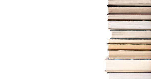 Banner with books pile isolated on white background. Place for text. Education and reading leisure concept.  - Foto, imagen