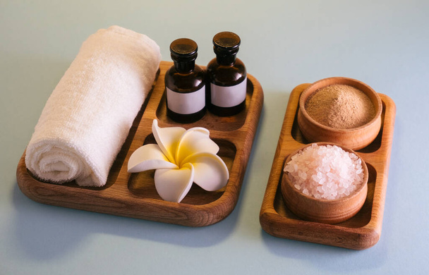 Spa set on wooden tray. Self care, wellbeing concept. - Foto, Imagen