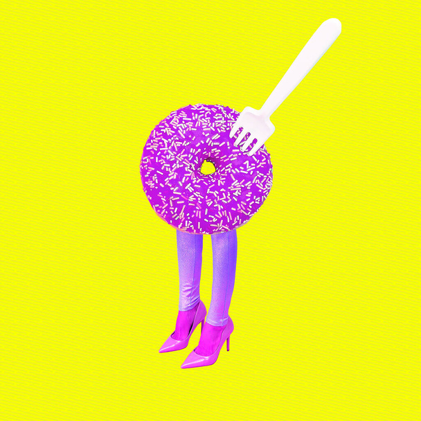 Contemporary digital collage art. Creative Lady Donut character. Diet, food, weight, calories concept - Photo, image