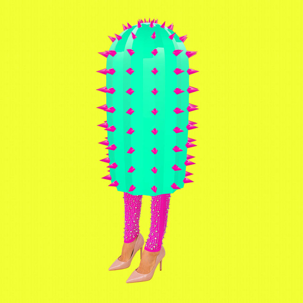 Contemporary digital collage art.  Lady cactus Character. Women power,ladies communities, emotions, feminism concept. - Foto, afbeelding