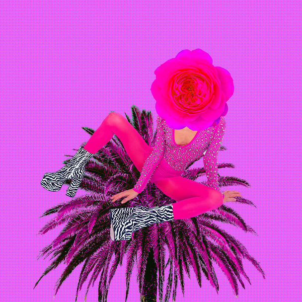 Contemporary digital collage art.  Lady tropical roses. Relax, vacation concept - Φωτογραφία, εικόνα