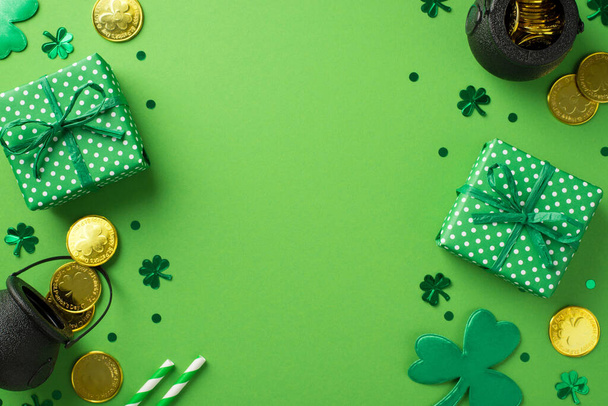 Top view photo of st patrick's day decorations green gift boxes straws trefoil shaped confetti and pots with gold coins on isolated pastel green background with empty space - Photo, Image