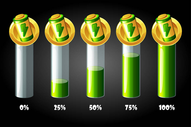 Battery energy scale bar, gold icons for game. Vector illustration set of charge lines for GUI. - Vector, Image