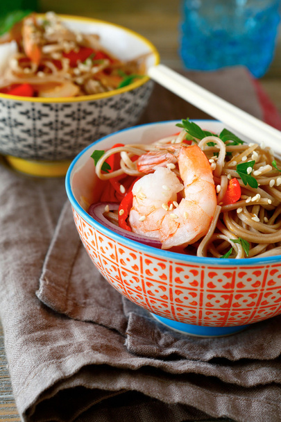 Tasty noodles with seafood and onions - Photo, image
