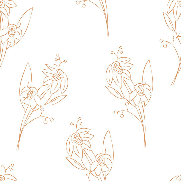 Vector. Seamless pattern. Floral background in doodle style ink. Contour sketch of a flower. Hand drawn line sketch of flowering daffodil, leaves. Minimalism. Wallpaper, gift wrapping, textile design. - Vector, imagen