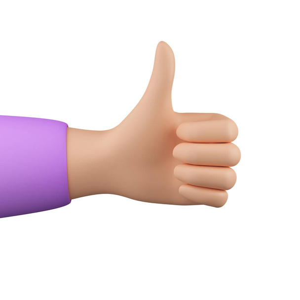 Daumen hoch, wie Erfolg, Zustimmung. Menschliche Hand im Cartoon-Stil, Finger hoch. 3D-Darstellung. - Foto, Bild