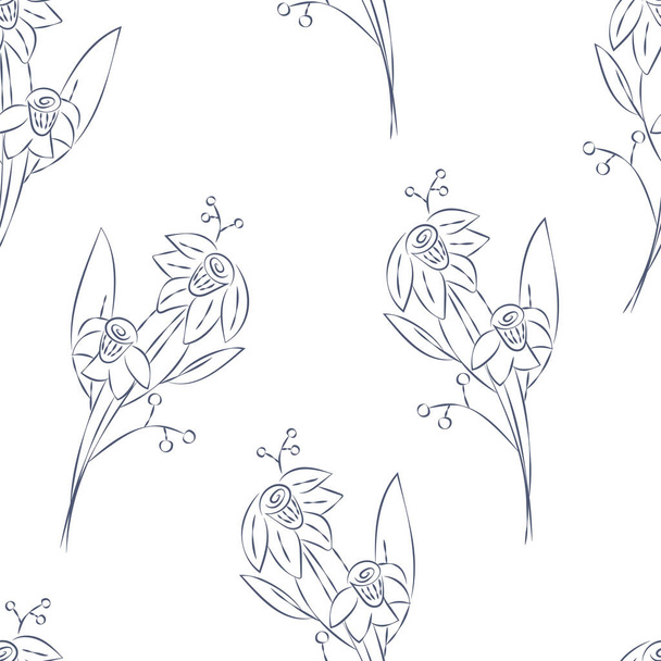 Vector. Seamless pattern. Floral background in doodle style ink. Contour sketch of a flower. Hand drawn line sketch of flowering daffodil, leaves. Minimalism. Wallpaper, gift wrapping, textile design. - Vector, afbeelding