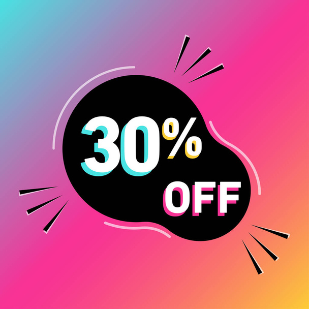 30 % off vector illustration. Thirty percent sales promotion. Rounded shape. White, black, blue, yellow and pink.Colorful shadows. Gradient background. - Vector, Image