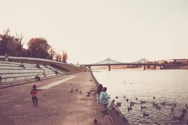 People feed ducks on the shore, autumn photography - Zdjęcie, obraz