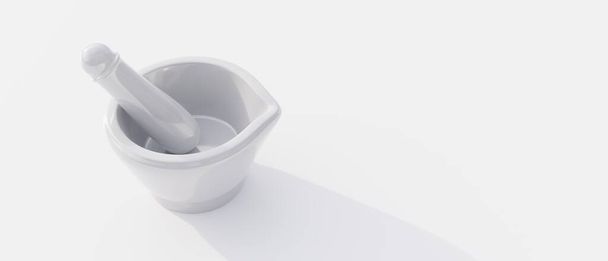 Pharmaceutical porcelain mortar and pestle set isolated on white background. White bowl for pharmacy, chemistry laboratory, kitchen. Overhead view. Copy space, banner. 3d render - Fotó, kép