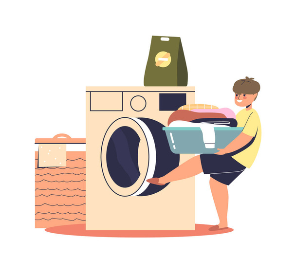 Çocuk çamaşır makinesine çamaşır yüklüyor. Küçük çocuk evde ev işi yapmasına yardım eder - Vektör, Görsel