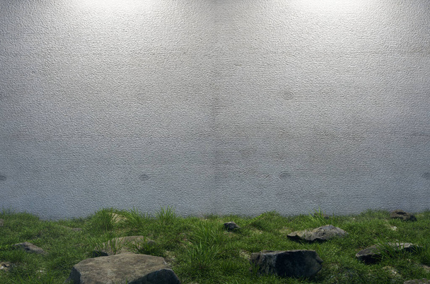 Misterioso muro de cemento en blanco rodeado de grandes rocas y hierba en el campo. - Foto, imagen