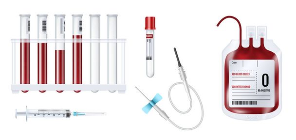 献血、輸血および検査機器。現実的な血液バッグチューブ、注射器、液滴 - ベクター画像