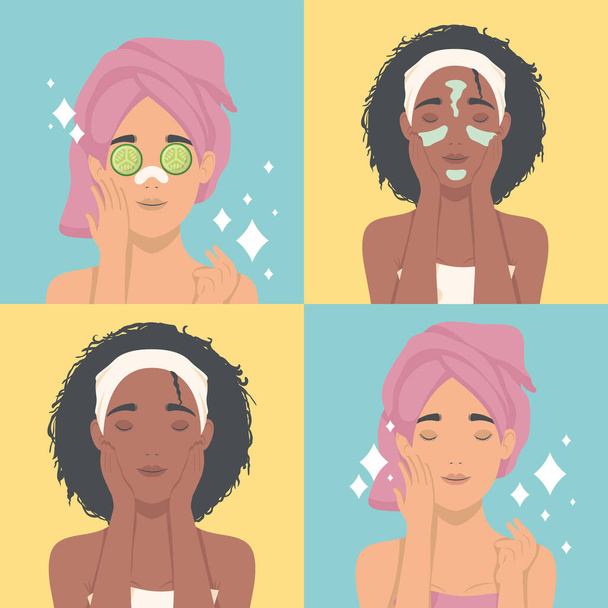 quatre filles avec des masques de soins de la peau - Vecteur, image