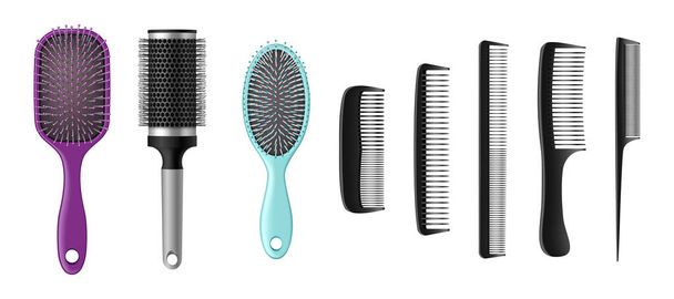Hairbrushes and combs realistic set. Isolated hair brushes, barber and hairdresser tools - Vector, Image