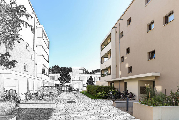 Rajzolás vázlat egy lakóterület modern apartman épületek, új zöld városi táj a városban - Fotó, kép