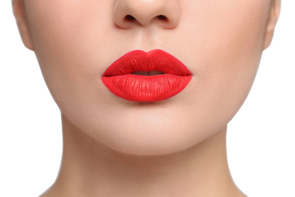 Closeup view of woman with beautiful full lips on white background - Foto, afbeelding