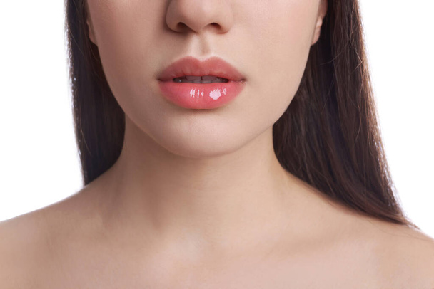 Closeup view of woman with beautiful full lips on white background - Zdjęcie, obraz