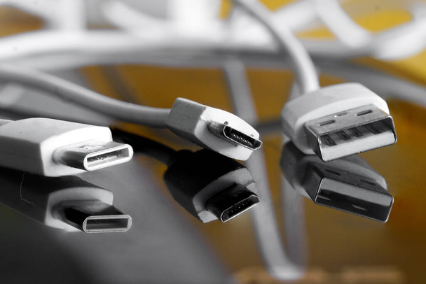 USB Type-C, Micro USB et Type-A Comparaison de trois types de connecteurs USB mâles. Fond réfléchissant. Macro. Concentration sélective. Gros plan - Photo, image