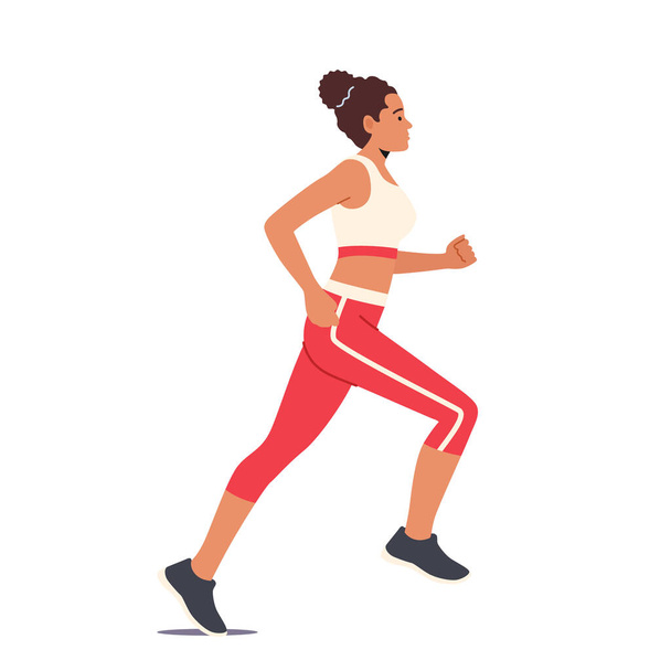 Happy Female Character Run isoliert auf weißem Hintergrund. Sportliche Frau in Sportkleidung läuft Marathon oder Sprint - Vektor, Bild