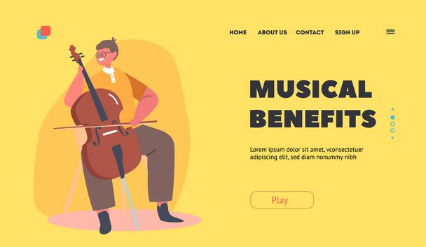 Benefícios musicais Landing Page Template. Personagem de Menino Músico Tocar Violoncelo ou Instrumento de Cadeia de Contrabando - Vetor, Imagem