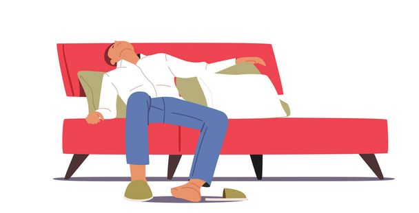 Втомлений чоловічий персонаж спить як колода, що лежить на ліжку в кімнаті ізольовано на білому тлі. Втому, концепція депресії
 - Вектор, зображення
