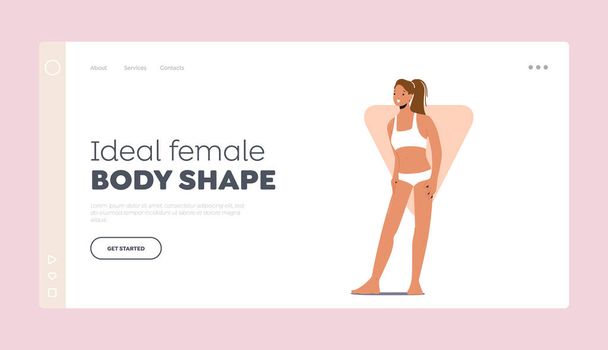 Ideale weibliche Körperform Landing Page Template. Frau posiert im umgekehrten Dreieck in Bikini oder Leinenhöschen und BH - Vektor, Bild