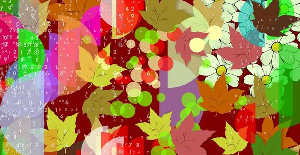 Crowd of random numbers. DAISIES and Multicolored LEAVES. FANTASIA. Amiable ABSTRACT GEOMETRIC SHAPES. Multicolor figures. Aesthetic WALLPAPER ideas. Background design image. Creative ILLUSTRATION. - Photo, Image