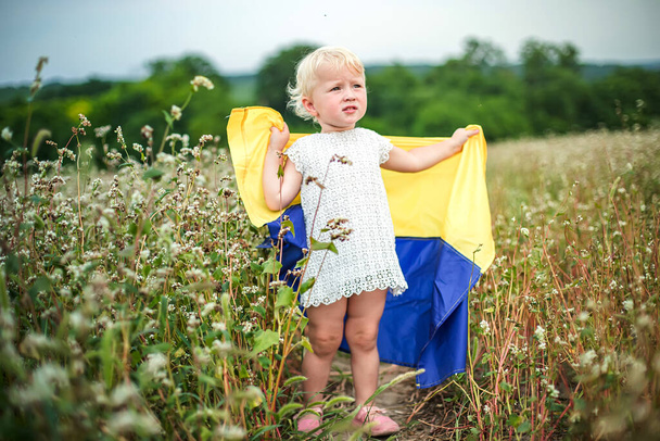 Прапор України знаходиться в руках дитини, яка дивиться вгору. Українська дівчина в полі, де росте гречка. День непрацездатності України. День єдності - Фото, зображення